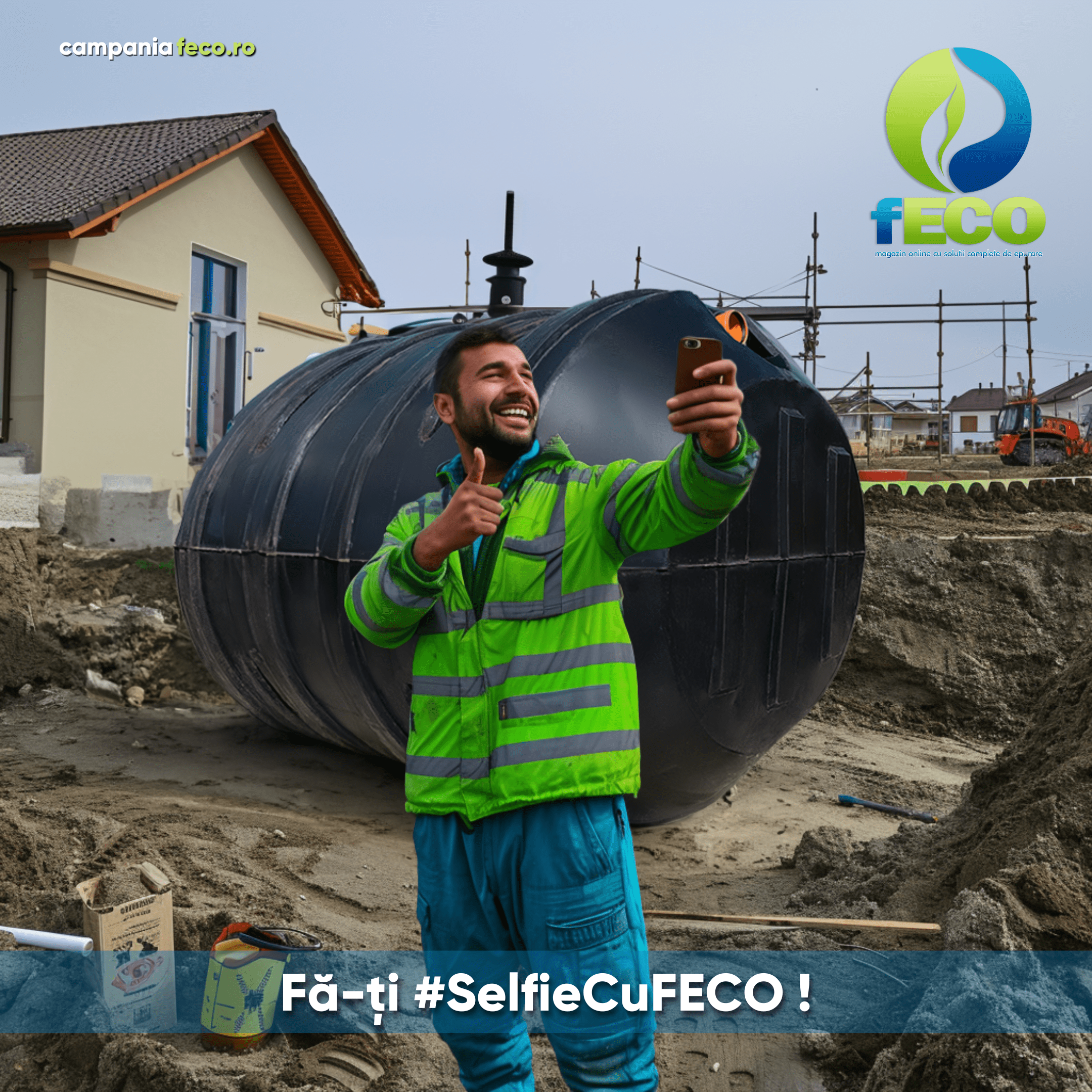 Zâmbet entuziast al unui client mulțumit FECO.ro, făcând selfie lângă o fosă septică ecologică, în cadrul campaniei #SelfieCuFECO pentru promovarea unui stil de viață sustenabil.