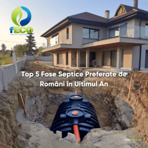 Fosă septică model Bunker instalată lângă o casă modernă, reprezentând Top 5 Fose Septice Preferate de Români în Ultimul An